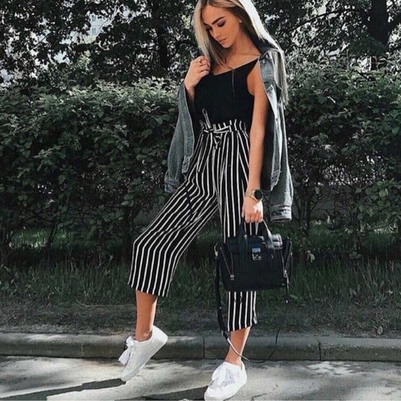 Zara Black White Stripe Wide Leg Culotte Pants Paperbag Waist Tie Belt M - Picture 3 of 9